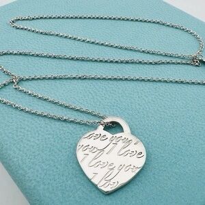 Tiffany & Co 💯% Auth ‘I Love You’ Notes Engraved Heart Necklace🩵 w/Pouch 🩵